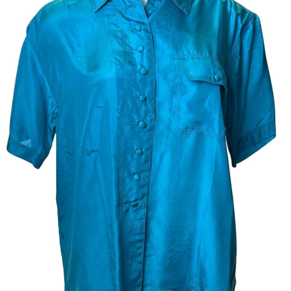 Winner Vintage 100% Washed Silk Button Down Shirt Turquoise Blue Short Sleeve M